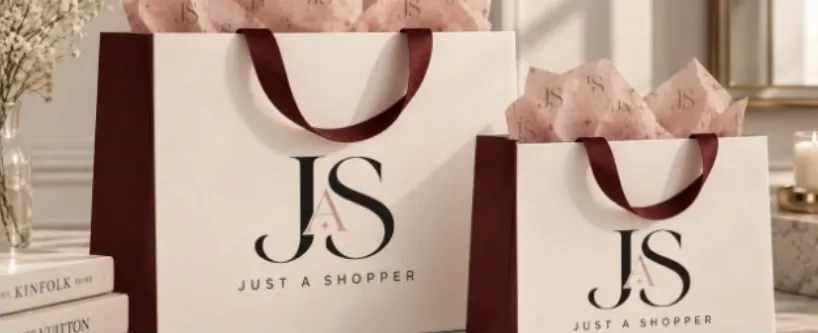 Dos bolsas de compra crema de Just a Shopper con el monograma JAS, cinta vino y papel de seda rosa